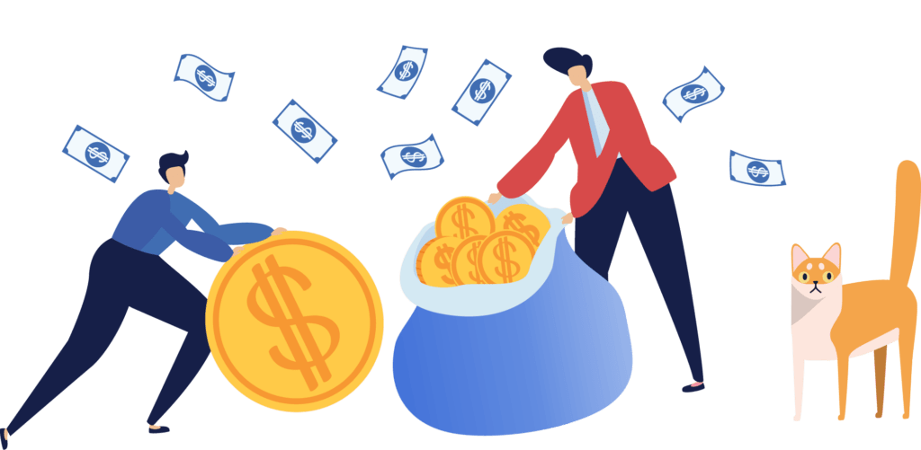 two people and cat with tail spend money