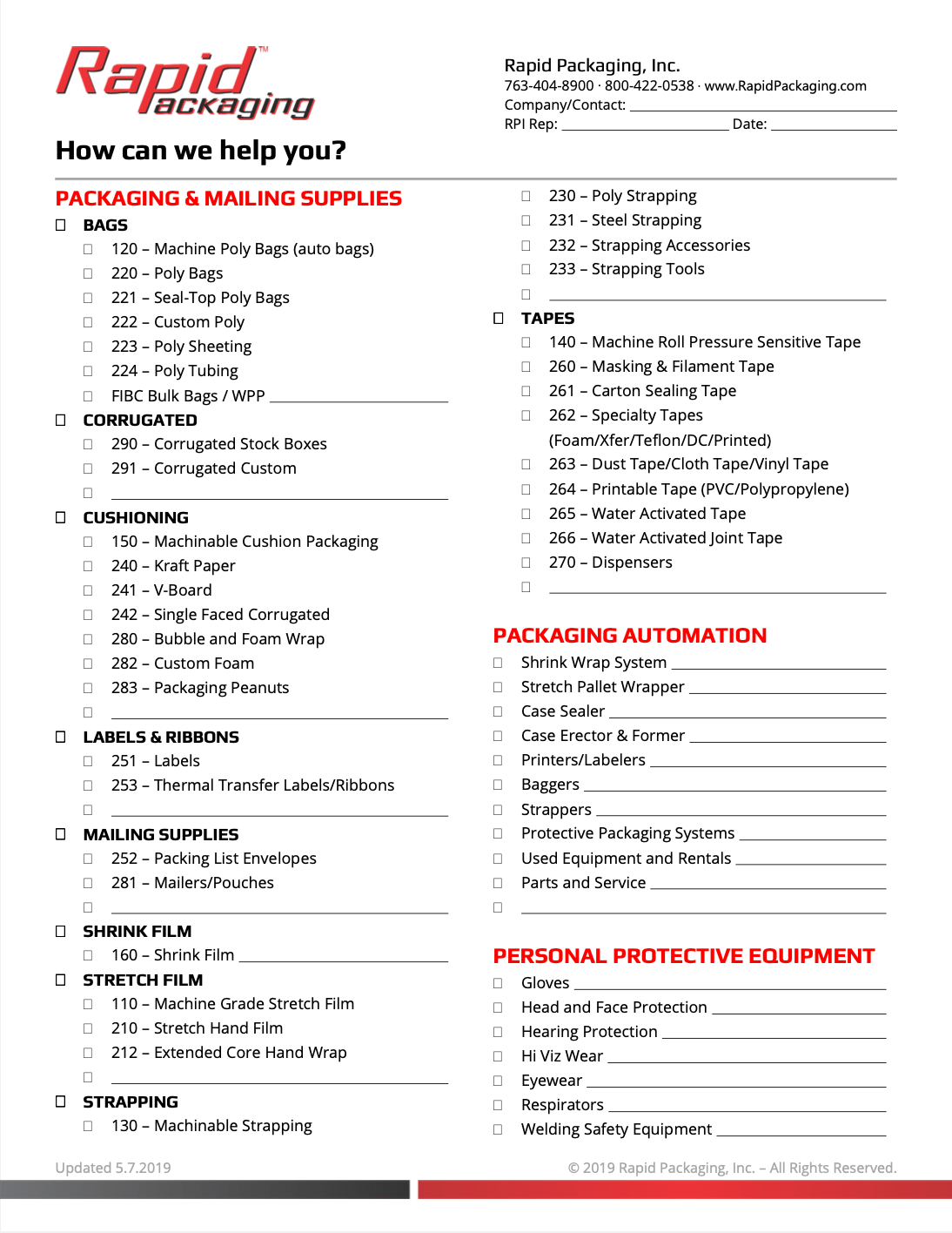 Rapid packaging Check List